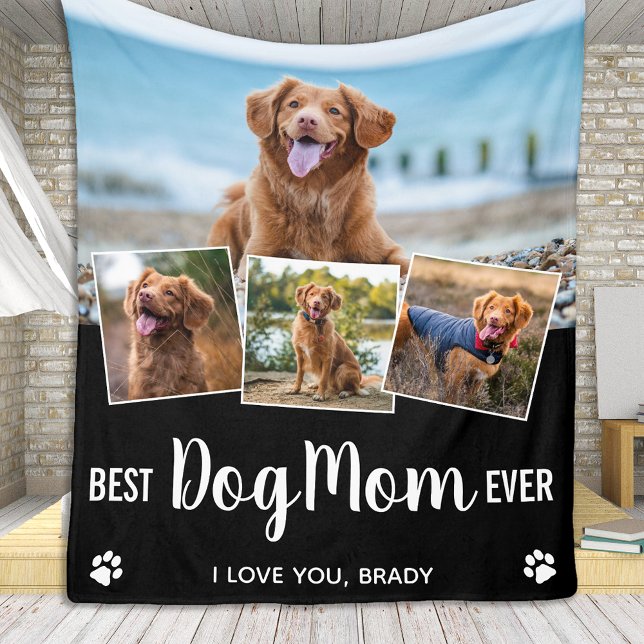 Best Dog Mom Black 4 Photo Collage Fleece Blanket (Creator Uploaded)