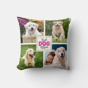 Best Dog Mom Custom 4 Photo Multicolor Paws Modern Throw Pillow