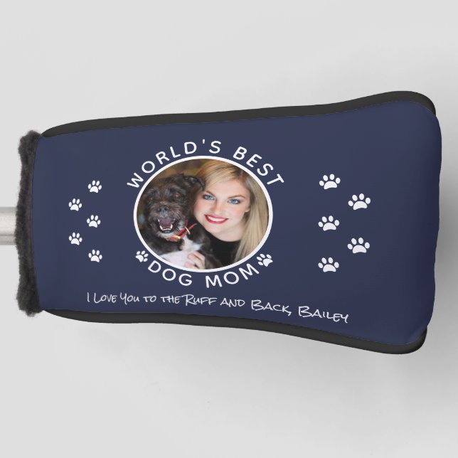 Best Dog Mom Custom Pet Photo Name Navy Blue Golf Head Cover (Front)