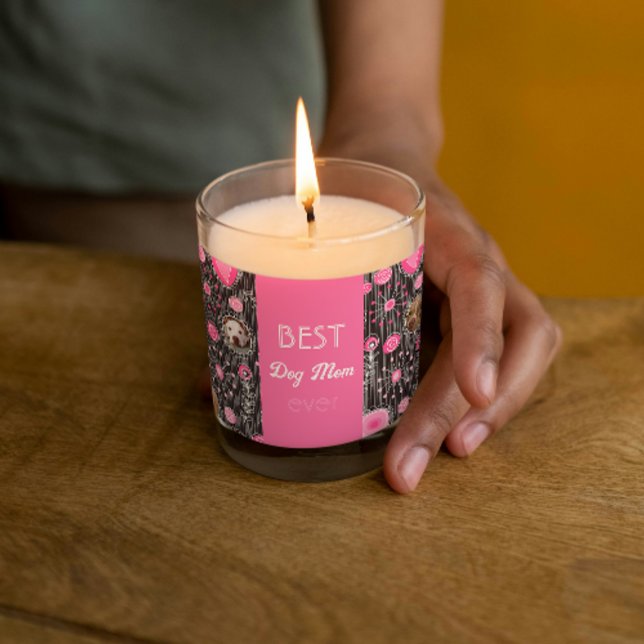 Best Dog Mom Cute Pink Heart Flower Photo Collage  Scented Candle (Creator Uploaded)