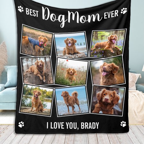 Best Dog Mom Ever Black Photo Collage Fleece Blanket