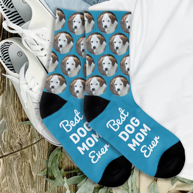 Best DOG MOM Ever Cool Pattern Custom Pet Photo Socks (Creator Uploaded)