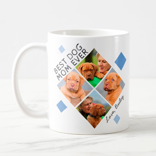 Best Dog Mom Ever Custom Photo Collage & Name Blue Coffee Mug (Creator Uploaded)