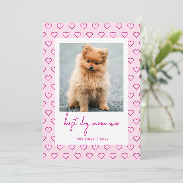 Best Dog Mom Ever Cute Hearts Photo Mothers Day Card (Standing Front)