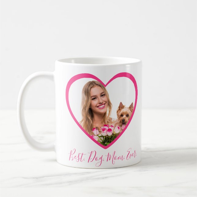 Best Dog Mom Ever Personalized Heart 2 Photo Pink Coffee Mug (Left)