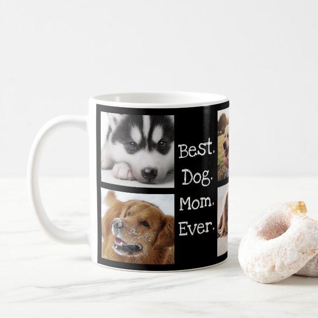 Best Dog Mom Ever Pet Photo Personalized Black Coffee Mug (With Donut)