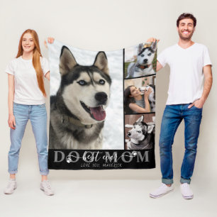 Best Dog Mom Ever Script Pawprints 4 Photo Black Fleece Blanket
