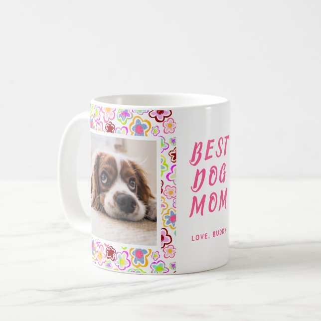 Best Dog Mom Flower Pattern Photo Coffee Mug (Front Left)