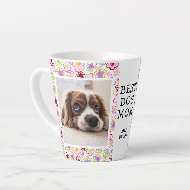 Best Dog Mom Flower Pattern Photo  Latte Mug (Left Angle)