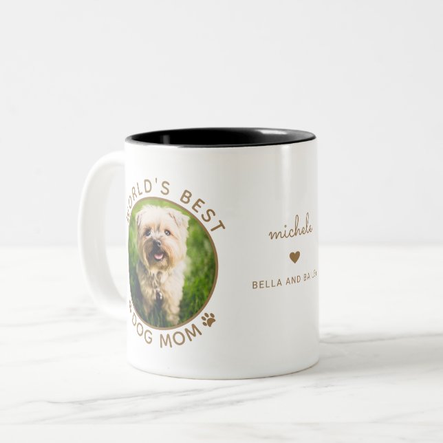 Best Dog Mom Gold Two Photo Modern Typography Two-Tone Coffee Mug (Front Left)