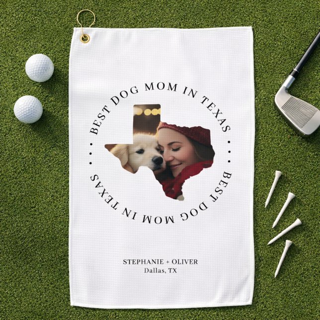 Best Dog Mom in Texas Personalized Photo Golf Towel (Personalize with photo, names, and city location.  )