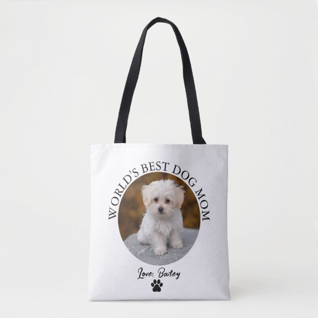 Best Dog Mom Paw Print Custom Pet Photo Tote Bag (Front)