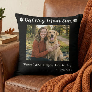 Best Dog Mom Paws Pet Photo Black Throw Pillow