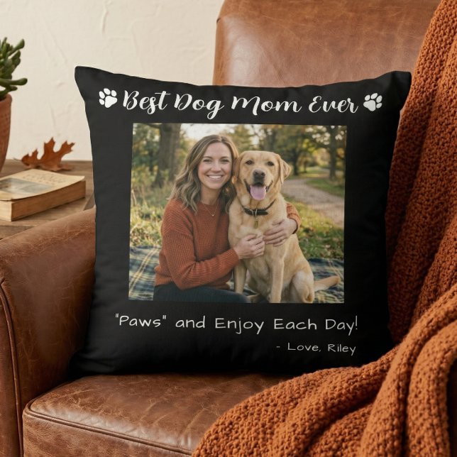 Best Dog Mom Paws Pet Photo Black Throw Pillow (Creator Uploaded)