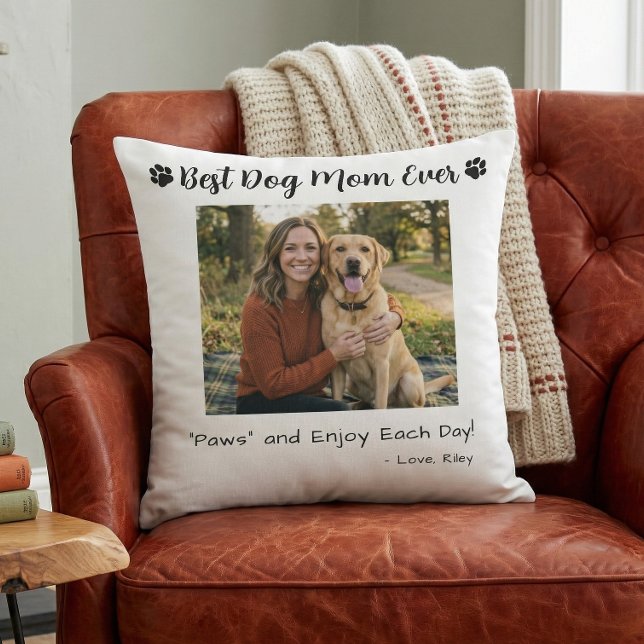 Best Dog Mom Paws Pet Photo White Throw Pillow (Creator Uploaded)