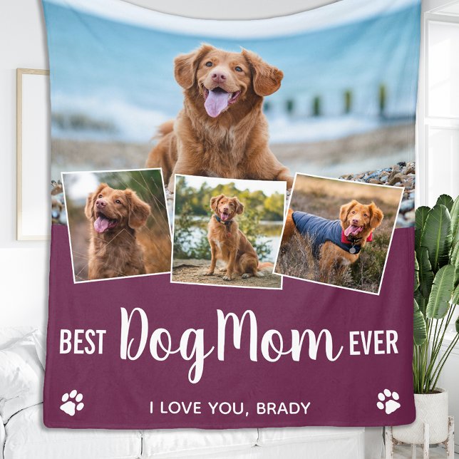 Best DOG MOM Personalized  Pet 4 Photo Collage Fleece Blanket (Creator Uploaded)