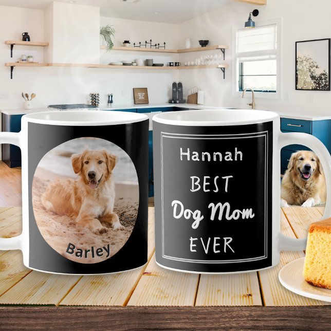 Best Dog Mom Personalized Pet Photo Name Coffee Mug (A stylish coffee mug with 'Best Dog Mom Ever' design, owner's name, dog photo and pet's name)