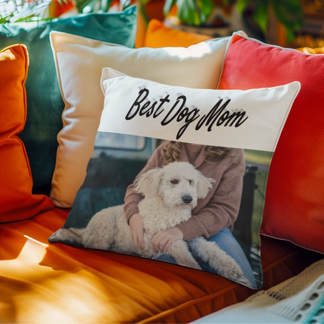 Best Dog Mom Photo Black  text  Throw Pillow (Creator Uploaded)