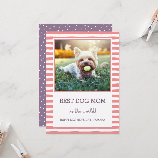 Best Dog Mom Striped | Coral | Photo Mother's Day Card (Front/Back In Situ)