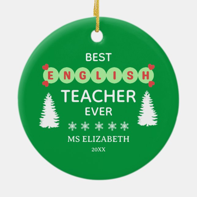 Best English Teacher Typography Christmas Green Ceramic Ornament (Back)