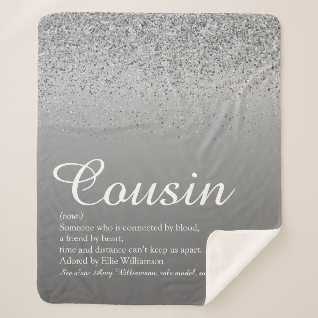 Best Ever Cousin Definition Silver Glitter Sherpa Blanket (Front)