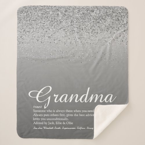 Best Ever Grandma Definition Silver Glitter Sherpa Blanket