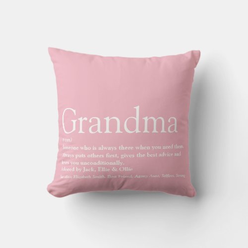 Best Ever Grandma Grandmother Definition Pink Throw Pillow