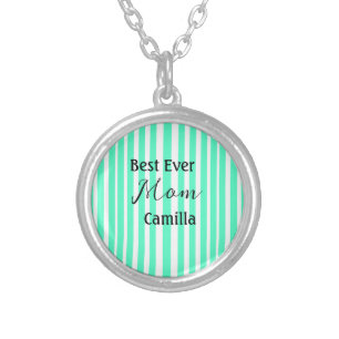 Best ever mom green stripped pattern pastel neon silver plated necklace
