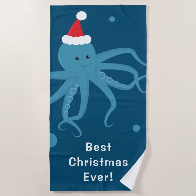 Best Ever Octopus Santa Blue Christmas Beach Towel (Front)