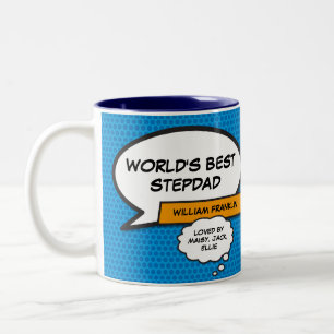 Best Ever Stepfather, Stepdad Fun Comic Book Blue Two-Tone Coffee Mug