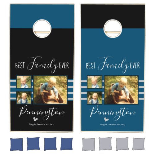 Best Family Ever Photo Collage Custom Name blue Cornhole Set