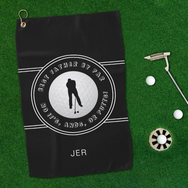 Best Father By Par Funny Putts Golfer Men's Black Golf Towel (Creator Uploaded)