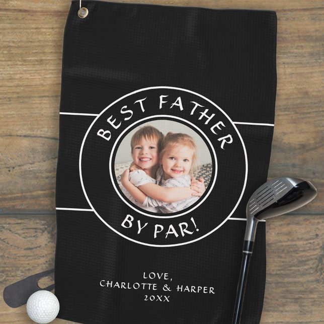 Best Father By Par Golfer Photo Gift Black White Golf Towel (Best Father By Par Golfer Photo Gift Black White Golf Towel)