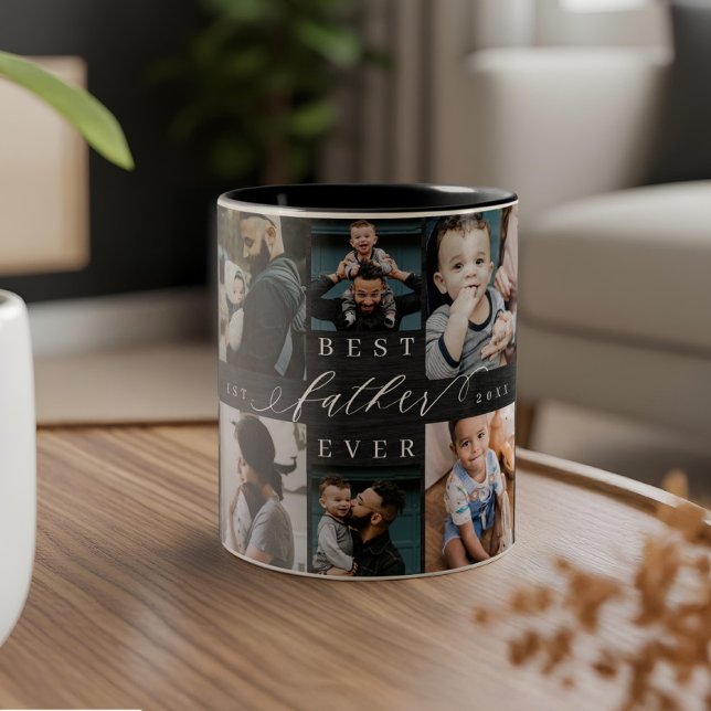  Best Father Ever Black Woodgrain Photo Collage  Two-Tone Coffee Mug (Best Father Ever Black Woodgrain Photo Collage Two-Tone Coffee Mug)