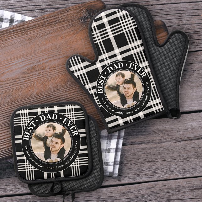 Best Father Ever Custom Family Photo Plaid Dad Oven Mitt & Pot Holder Set (Creator Uploaded)