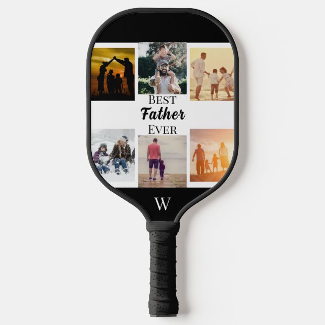 Best Father Ever Script Father's Day Photo Collage Pickleball Paddle (Front)