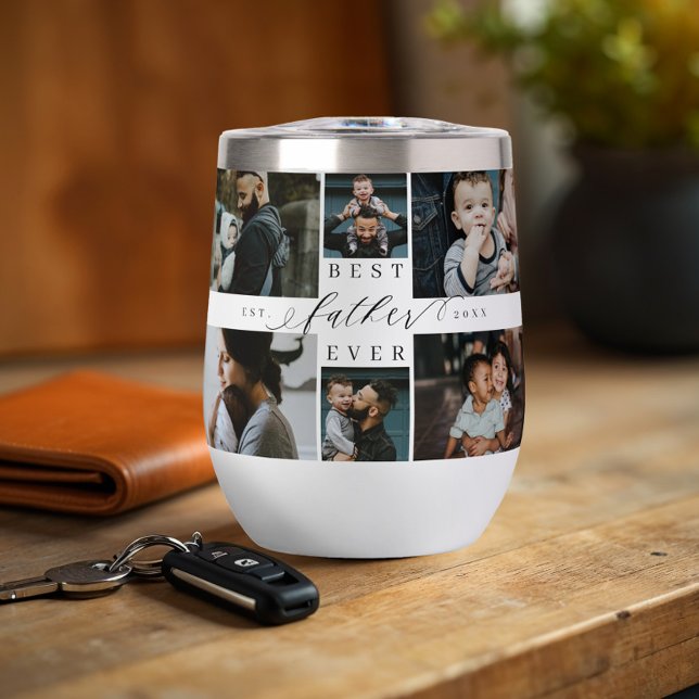 Best Father Ever Script Father's Day Photo Collage Thermal Wine Tumbler (Best Father Ever Script Father's Day Photo Collage Thermal Wine Tumbler)