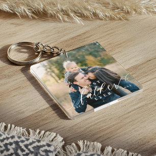 Best Father Ever Script Fathers Day Photo Keepsake Keychain
