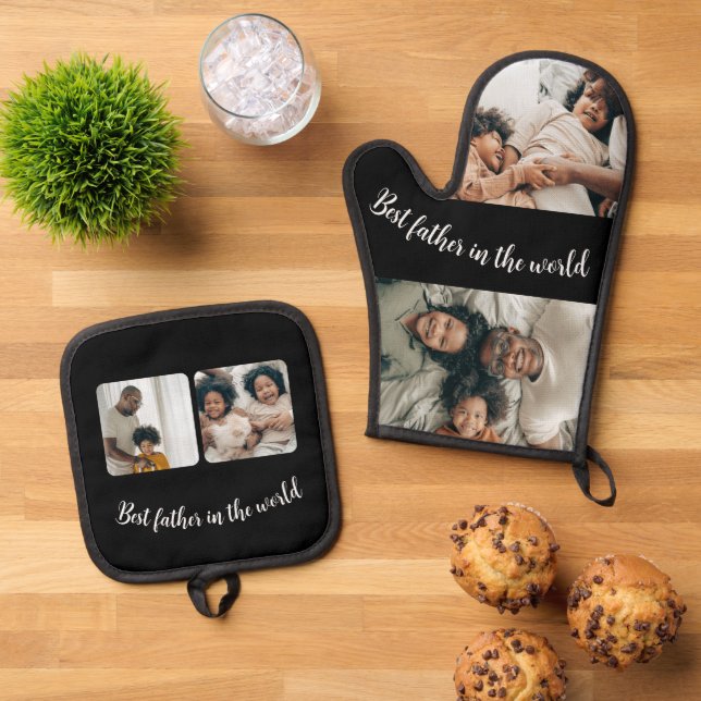 Best Father In The World 4 Custom Photos Oven Mitt & Pot Holder Set (Top Down)