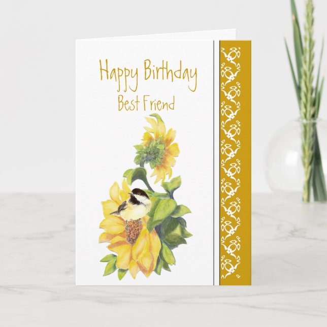 Best Friend Birthday Poem Chickadee & Sunflowers C Card (Front)