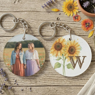 Best Friend Birthday Sunflower Monogram Photo Keychain