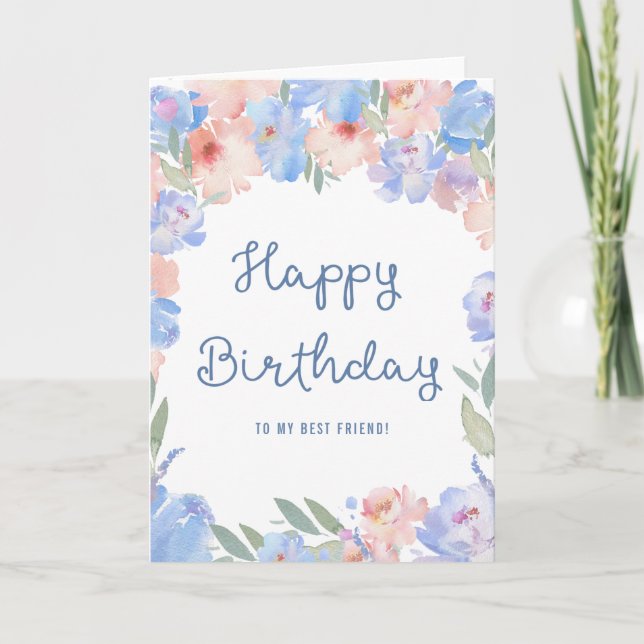 Best Friend Blue Pink Floral Watercolor Birthday Card (Front)