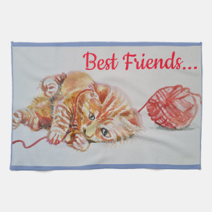 Best Friend Cute Cat Tabby Art Kitchen Tea Towel
