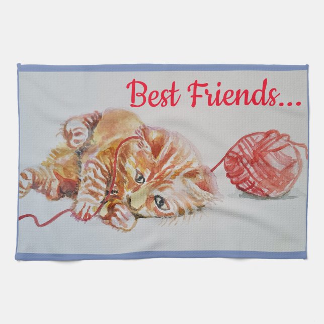 Best Friend Cute Cat Tabby Art Kitchen Tea Towel (Horizontal)