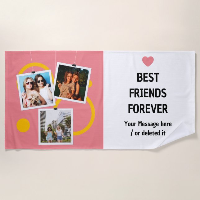 Best Friend Forever, personalized 3 Photo Collage Beach Towel (Front)