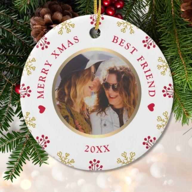 Best Friend Photo Snowflakes Berries Christmas Ceramic Ornament (Creator Uploaded)