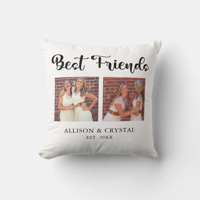 Best Friends 2 photo Collage Hand Lettering Script Throw Pillow (Front)
