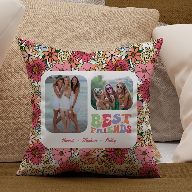 Best Friends 2 Photos Groovy Flowers Throw Pillow (Creator Uploaded)