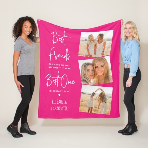 Best Friends 3 Photo Trendy Hot Pink Friendship Fleece Blanket
