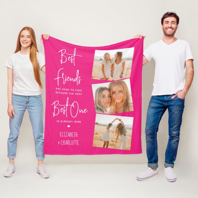 Best Friends 3 Photo Trendy Hot Pink Friendship Fleece Blanket (In Situ)